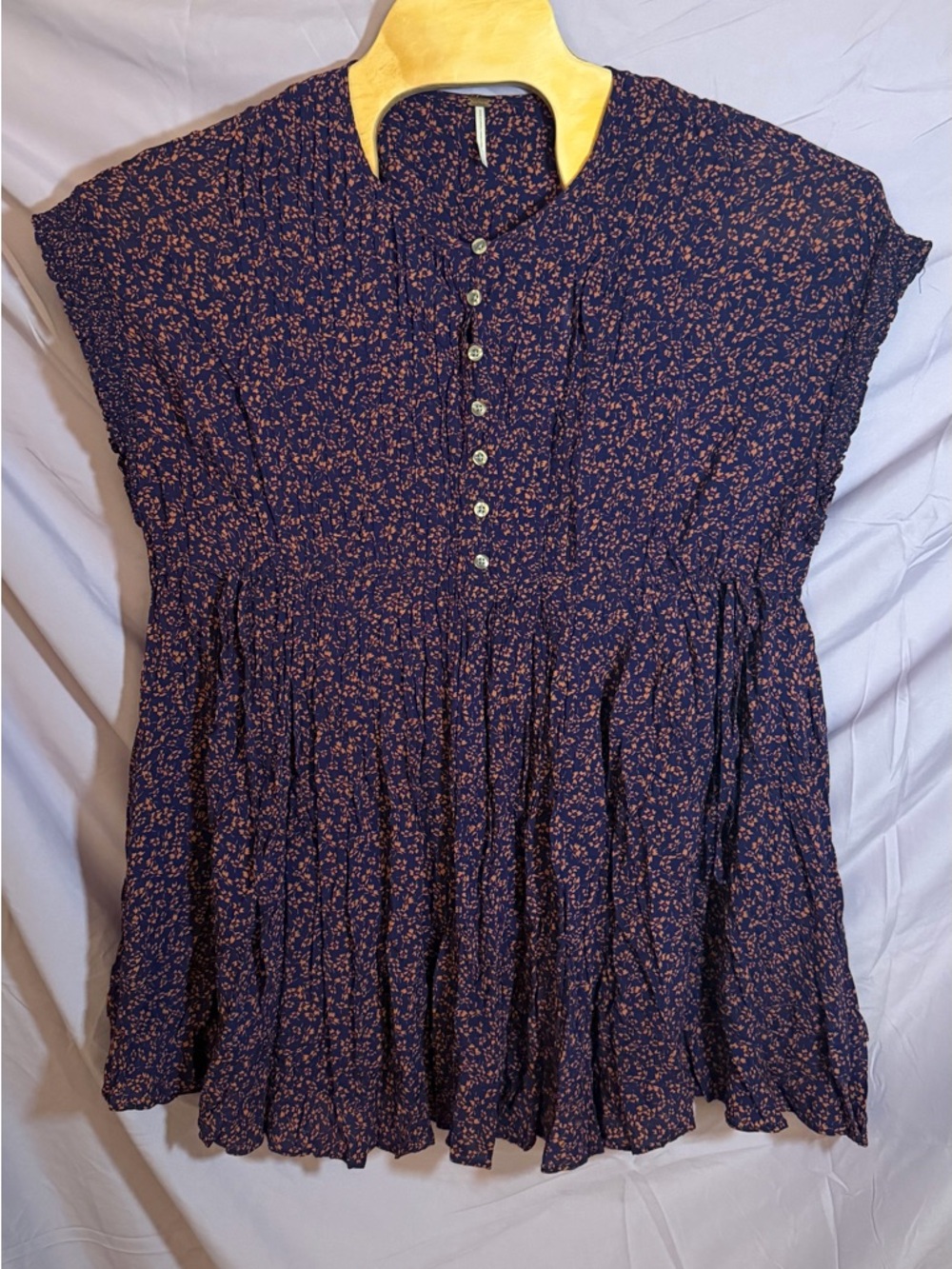 Free People Navy Blue Floral Buttoned Peplum Tunic